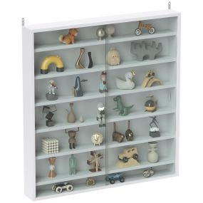 Vitrina expositora de pared de 7 niveles con estantes ajustables y 2 puertas correderas de vidrio, 80x9,5x83 cm, blanco