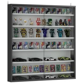 Vitrina expositora de pared de 7 niveles con estantes ajustables y 2 puertas correderas de vidrio, 80x9,5x83 cm, negro