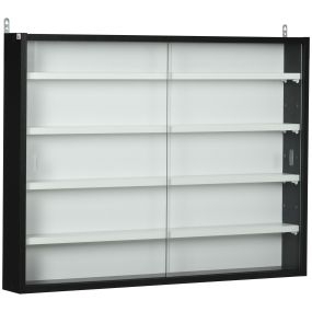 Vitrina expositora de pared de 5 niveles con estantes ajustables y puertas correderas de vidrio, 80x9,5x60 cm, blanco y negro