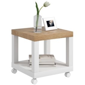 Mesita auxiliar con ruedas y estante abierto 40x40x40 cm natural y blanco