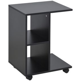 Mesa auxiliar moderna en forma de C con ruedas y estantes abiertos 45x35x58 cm negro