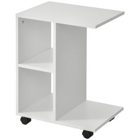 Mesa auxiliar moderna en forma de C con ruedas y estantes abiertos 45x35x58 cm blanco