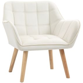Butaca moderna tapizada en terciopelo crema con patas de madera para salón y lectura