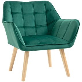 Butaca moderna tapizada en terciopelo verde con patas de madera para salón y lectura