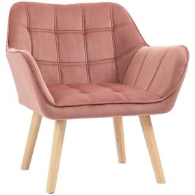 Butaca moderna tapizada en terciopelo rosa con patas de madera para salón y lectura