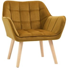 Butaca de Salón Moderna, Sillón Lectura Tapizado en Terciopelo con Patas de Madera, Fácil Montaje, Sillón Relax para Sala de Estar, Dormitorio y Balcón, Amarillo Mostaza
