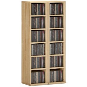 Set de 2 estanterías para CDs y DVDs con 12 compartimentos, ajustables, 21x22,5x88,5 cm, roble