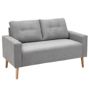 Sofá de 2 plazas moderno tapizado en poliéster gris con 2 cojines y patas de madera de caucho 145x76x88 cm