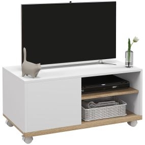 Mueble de TV móvil con ruedas para TV hasta 42 pulgadas, blanco, con 1 puerta y 2 compartimentos abiertos