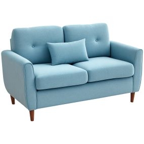 Sofá de 2 plazas tapizado en lino azul claro con reposabrazos y patas de madera 140x78x83 cm