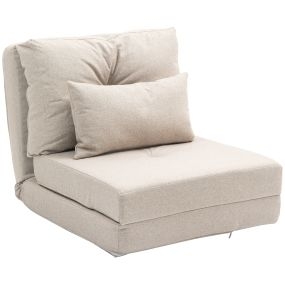 Sofá Cama Individual Plegable 3 en 1, Sofá Cama, Tapizado en Lino, con Respaldo Ajustable 5 Posiciones, Almohadas, Marco Metálico, para Dormitorio, Salón, Beige