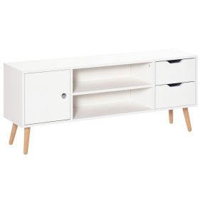 Mueble de TV moderno blanco 120x28x44 cm para TV de 50" con 2 cajones y 2 estantes abiertos
