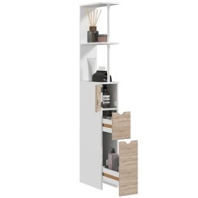 Columna auxiliar de baño estrecha con 2 estantes, 2 cajones y 1 puerta, 15x33x136,8 cm natural
