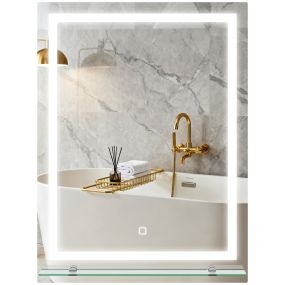Espejo de baño LED 60x80 cm con 3 colores, brillo regulable, estante de vidrio, IP44, vertical