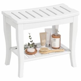 Taburete de Baño de Bambú con Estante de Almacenamiento Banco de Baño Antideslizante Impermeable y Robusta Taburete de Ducha para Hogar Salón Dormitorio SPA 47,5x26x44,5 cm Blanco