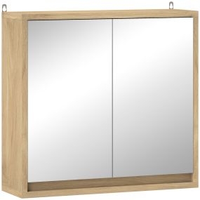 Armario de Baño con Espejo con 2 Puertas y Estante Ajustable Mueble Colgante de Baño para Aseo Estilo Moderno 48x14,5x45 cm Madera Natural