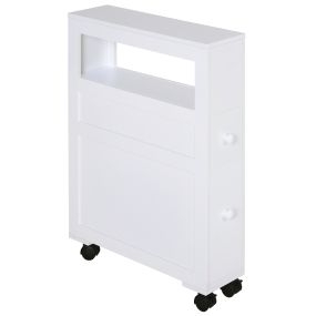 Armario de baño estrecho con ruedas, 2 cajones y estante, blanco, 16x52x71,5 cm