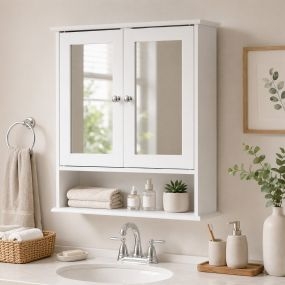 Armario de baño con espejo de pared 2 puertas estante ajustable 56x13x58 cm blanco