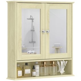 Armario de baño con espejo de pared 2 puertas estante ajustable 56x13x58 cm natural