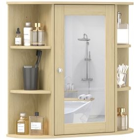 Armario de baño con espejo, puerta y estantes abiertos, 66x17x63 cm, natural