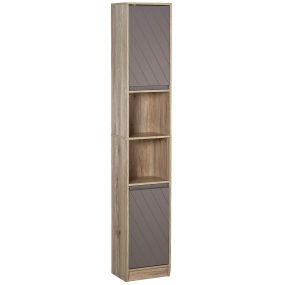 Armario de baño alto estrecho con 2 puertas y 2 estantes abiertos 30x24x170 cm roble y gris