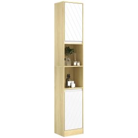 Armario de baño alto estrecho con 2 puertas y 2 estantes abiertos 30x24x170 cm roble y blanco