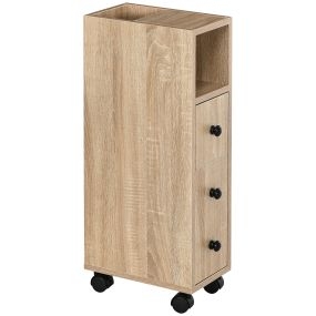 Armario de baño con 4 ruedas, estante abierto, puerta y cajón, 18x30x68,5 cm, roble