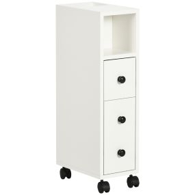 Armario de baño con 4 ruedas, estante abierto, puerta y cajón, 18x30x68,5 cm, blanco