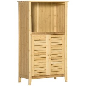 Armario auxiliar de baño de bambú con 2 puertas, compartimento abierto y estante ajustable 50x25,5x92 cm natural