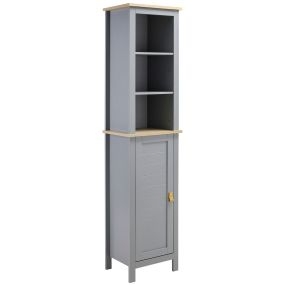 Armario alto de baño moderno con 1 puerta, estante ajustable y 3 compartimentos abiertos, 39x30x168 cm, gris