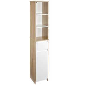 Armario alto de baño con 1 puerta, cajón y 3 estantes, madera natural y blanco, 32,6x30x171,2 cm