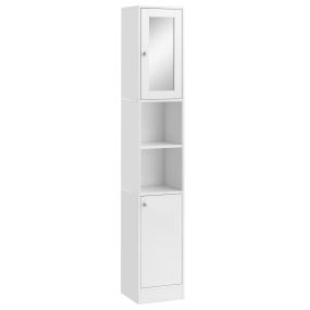 Armario alto de baño con espejo, madera, 2 estantes abiertos, 2 puertas, 30x28x180 cm, blanco