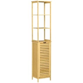Estantería de baño de bambú con 3 estantes y 1 puerta 34x30x173 cm natural