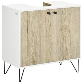 Mueble bajo lavabo de madera con 2 puertas, estante y patas de acero 60x30x60 cm roble y blanco