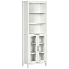 Armario alto de baño blanco con 2 puertas de vidrio y 3 estantes abiertos 53x30x162 cm