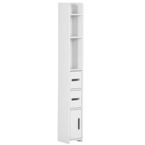Armario alto de baño blanco 15x17x120 cm con 3 puertas, 3 estantes abiertos y sistema antivuelco