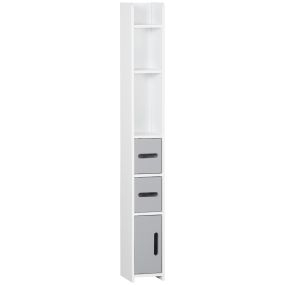 Armario alto de baño gris 15x17x120 cm con 3 puertas y 3 estantes abiertos sistema antivuelco