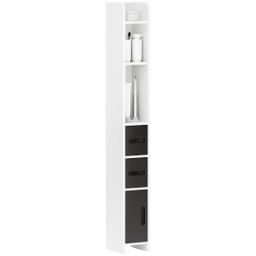 Armario alto de baño con 3 puertas, 3 estantes abiertos y sistema antivuelco, 15x17x120 cm, blanco y negro