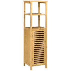 Armario auxiliar de baño de bambú natural 32,9x29,9x120 cm con 2 estantes y puerta de rejilla