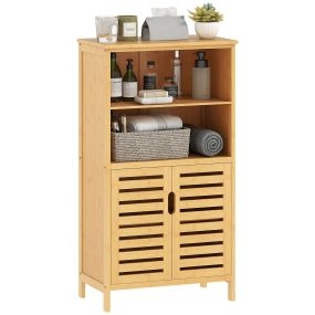 Mueble de baño de bambú con 2 puertas, 2 estantes abiertos y patas elevadas 50x29x92 cm natural