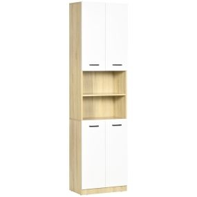 Columna auxiliar de baño armario alto con 4 puertas, 2 estantes abiertos y estantes ajustables 53x33,5x195,7 cm blanco y roble