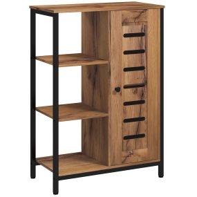 Armario de baño estrecho con puerta de lamas, 3 compartimentos, estante ajustable, 60x30x85 cm, marrón rústico