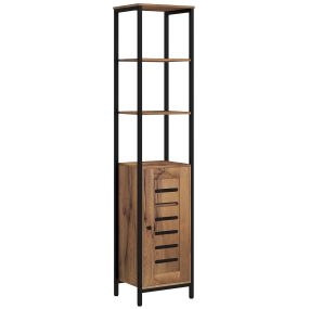 Armario de baño alto estrecho con puerta de lamas, estantes ajustables, acero, 37x30x167 cm, marrón rústico