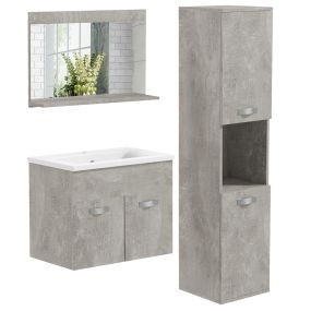 Conjunto de muebles de baño de pared 3 piezas con espejo, lavabo cerámico y armario alto gris