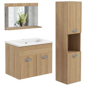 Conjunto de muebles de baño de pared 3 piezas con espejo, lavabo cerámico y armario alto natural