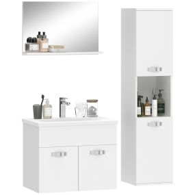 Conjunto de Muebles de Baño de Pared de 4 Piezas con Lavabo Cerámico, Espejo con Estante, Mueble Bajo Lavabo y Columna de Baño, Estilo Moderno, Blanco