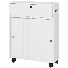 Mueble auxiliar de baño moderno con ruedas, 2 agujeros para papel, estantes ajustables, blanco 52x17x67 cm