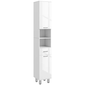 Armario de baño alto blanco brillante 30x30x180 cm con 1 cajón, 3 estantes ajustables y 2 armarios