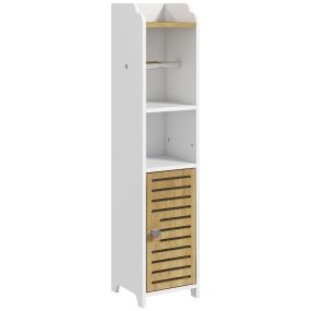 Armario de baño moderno columna auxiliar de suelo con estantes 1 puerta y portarrollos 18x20x90 cm blanco y roble
