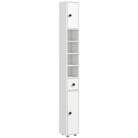 Armario de baño alto estrecho blanco 20x20x180 cm con 1 cajón, 2 puertas y 4 estantes ajustables